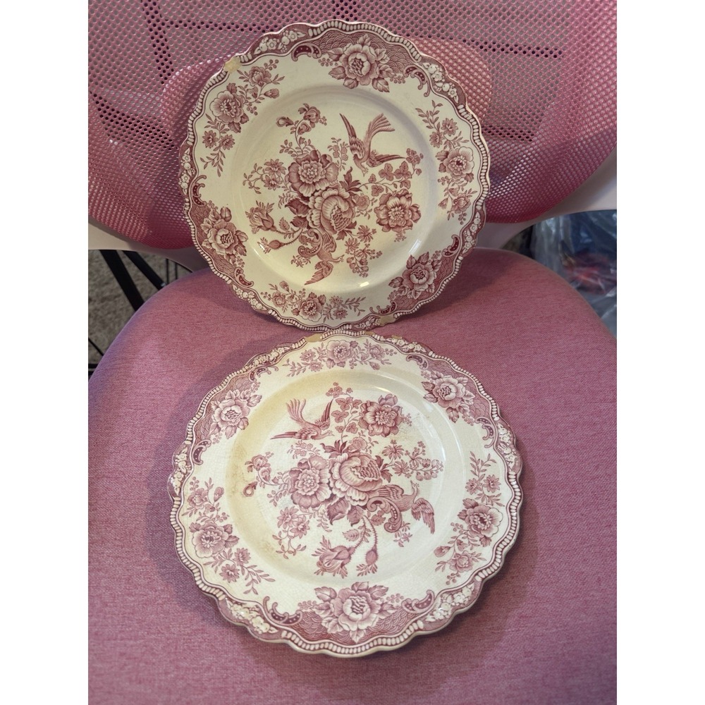 Crown Ducal Bristol Pink Dinner Plates Set 2 English Transferware 9.75" 762055